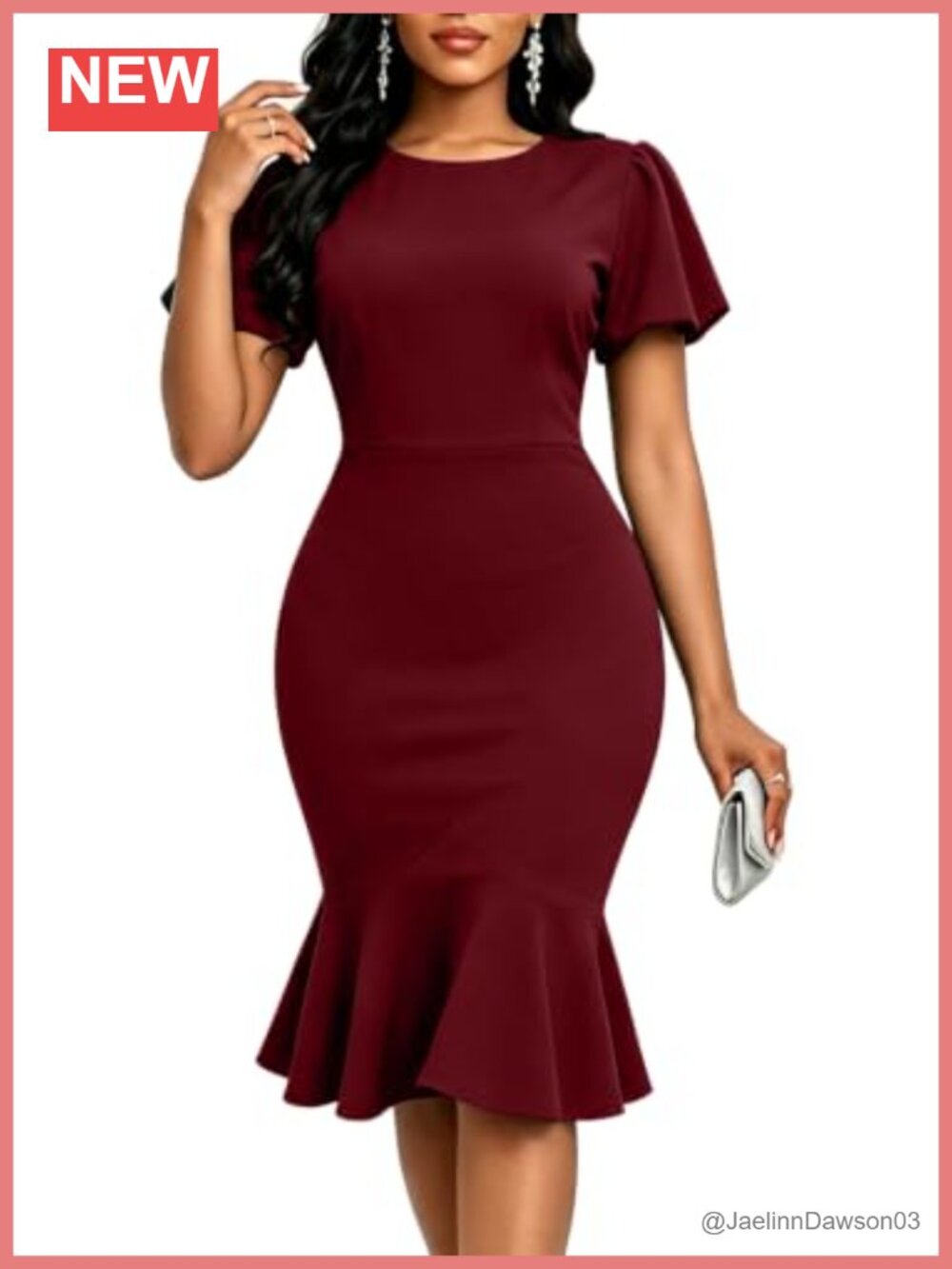 Women's Bodycon Midi Dress Short Puff Sleeve Mermaid Hem Cocktail Party